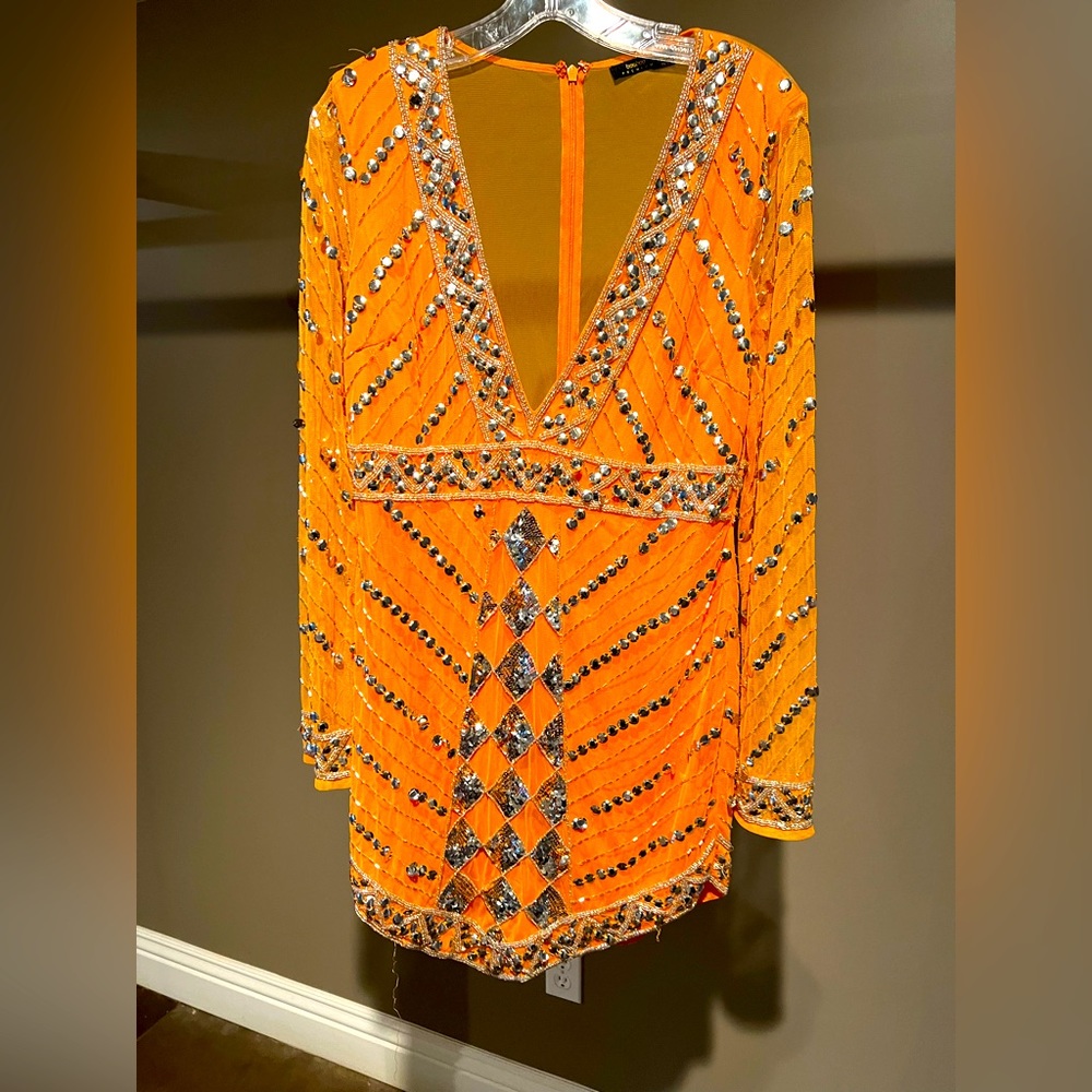 Boohoo Orange Sequin & Bead V-Neck Long Sleeve Mini Dress
